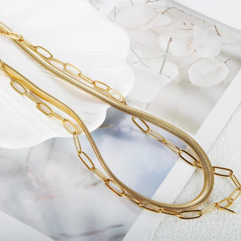 Collar Doble de Malla y Eslabones Chapado en Oro de 18K